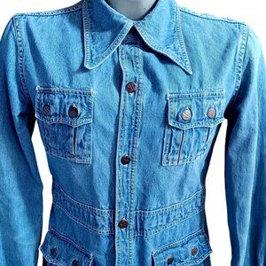 Men's Small Vintage Denim Jacket 1970s Groovy Collar Indigo Disco Raw Hippy